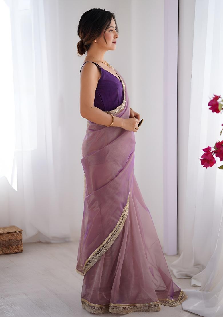 Onion Lace Work Net Saree Set - Indya