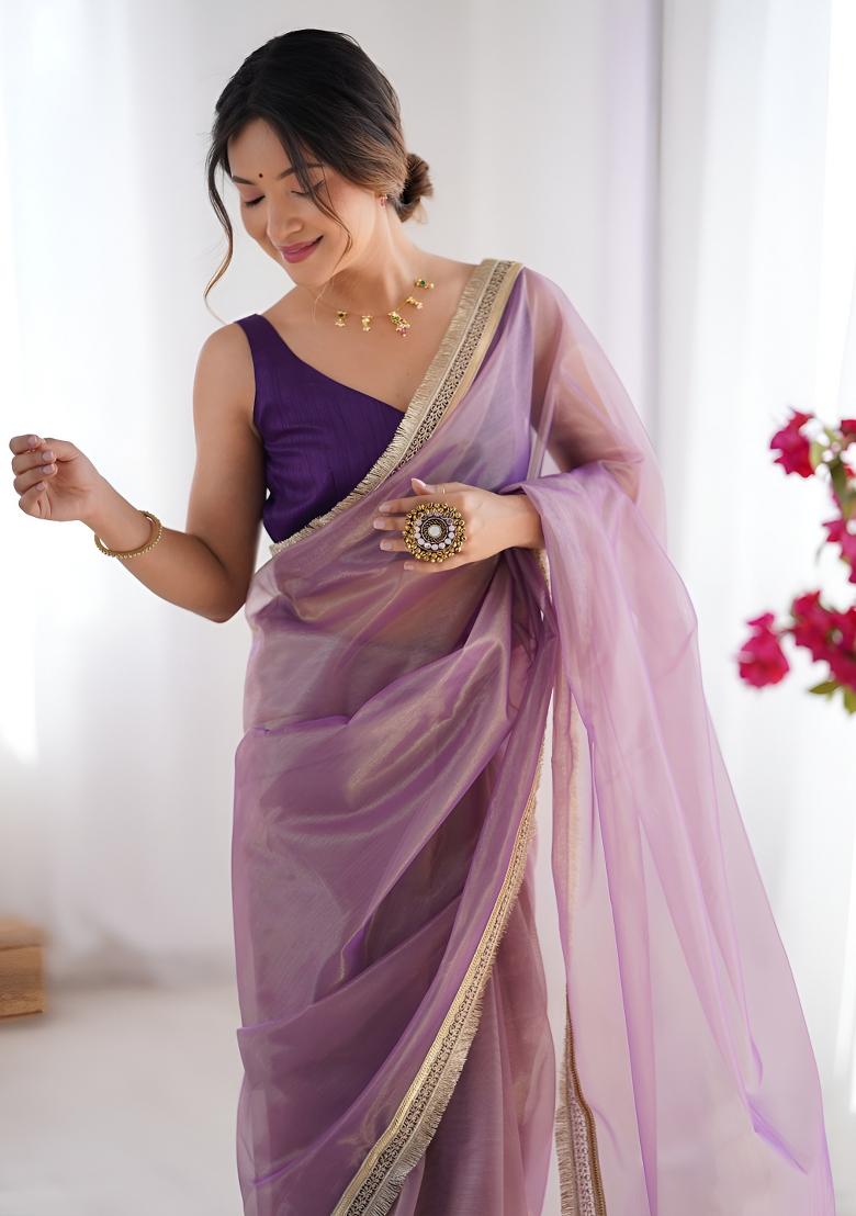 Onion Lace Work Net Saree Set - Indya