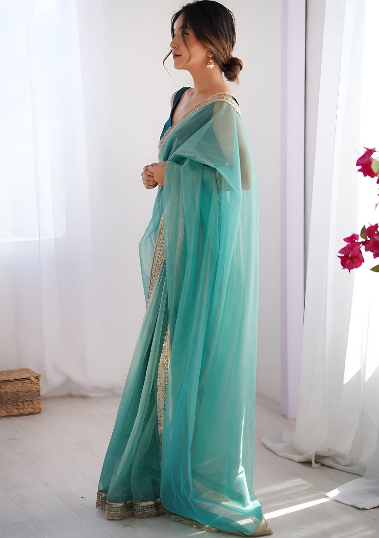 Sea Green Lace Work Net Saree Set - Indya