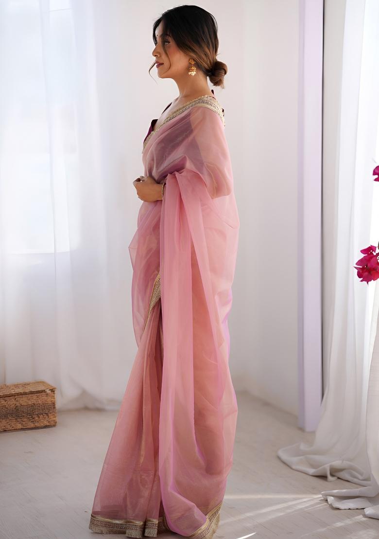 Pink Lace Work Net Saree Set - Indya