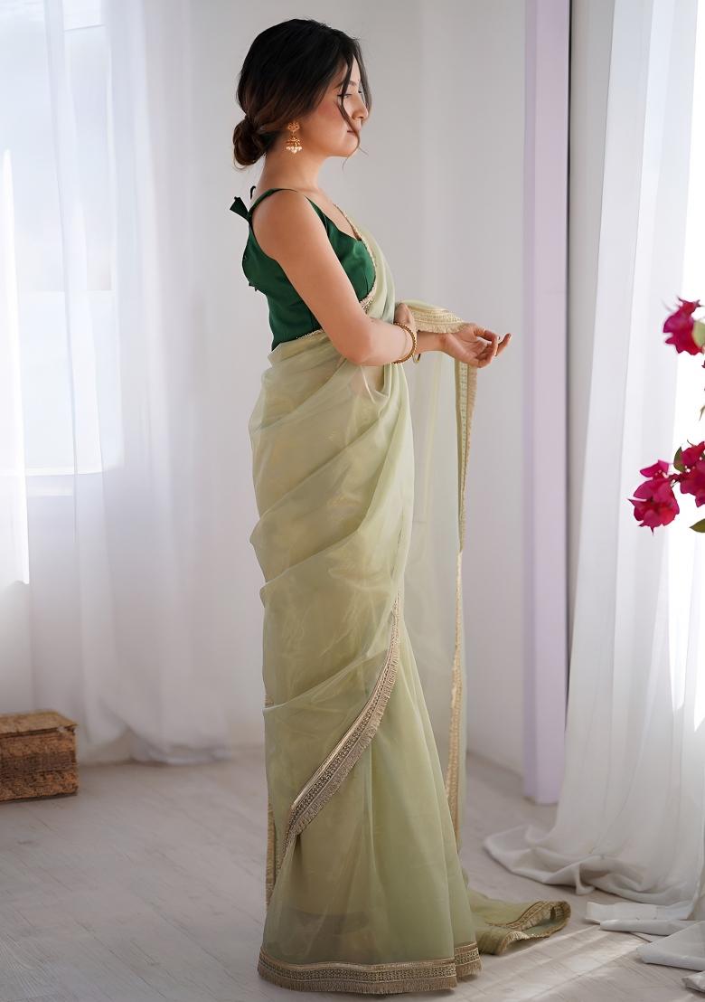 Pista Lace Work Net Saree Set - Indya