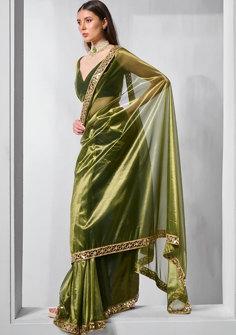 Mehendi Mirror Work Net Saree Set - Indya