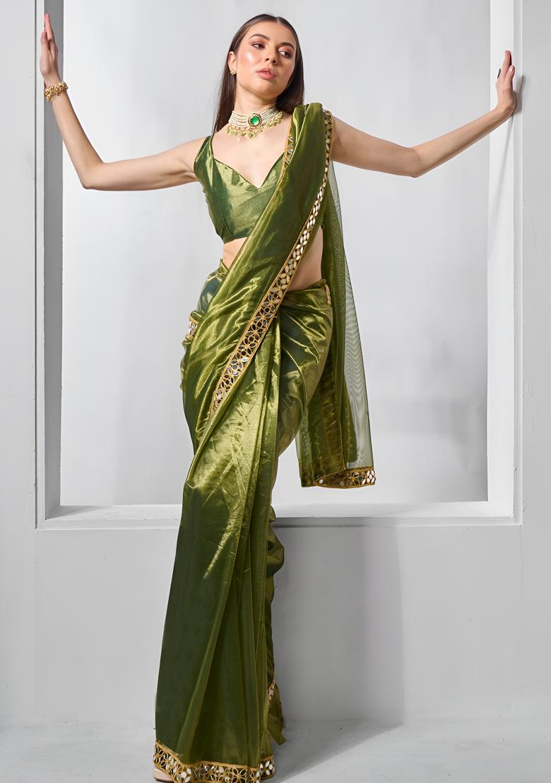 Mehendi Mirror Work Net Saree Set - Indya