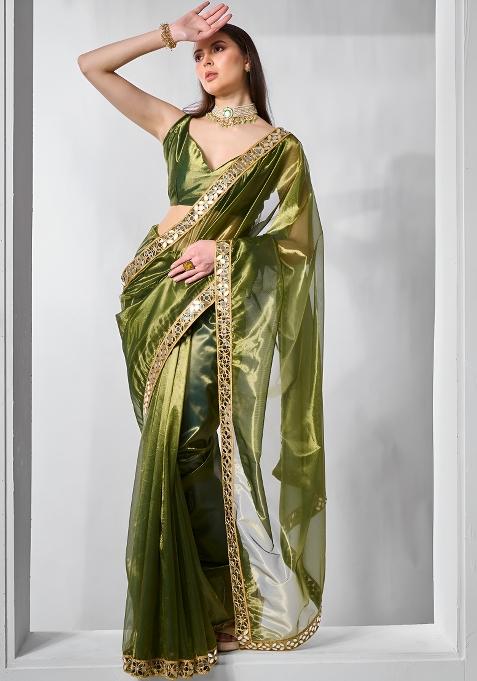 Mehendi Mirror Work Net Saree Set