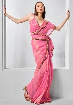 Pink Mirror Work Net Saree Set