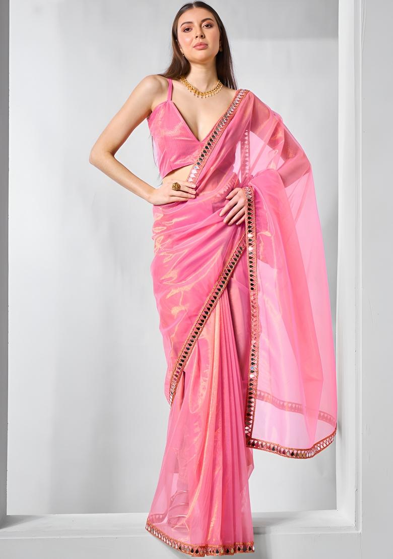 Pink Mirror Work Net Saree Set - Indya