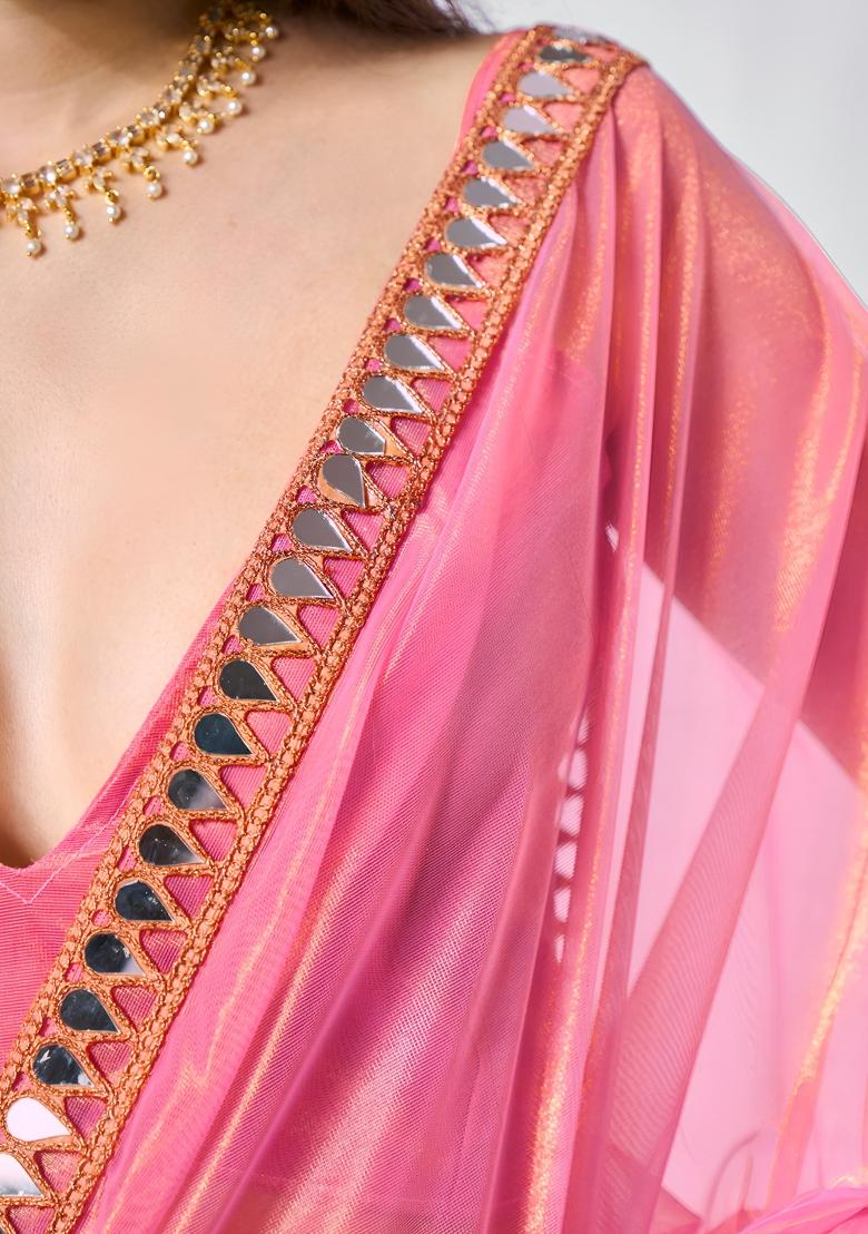 Pink Mirror Work Net Saree Set - Indya