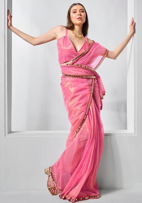 Pink Mirror Work Net Saree Set