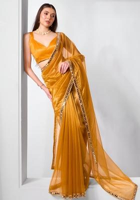 Mustard Mirror Work Net Saree Set