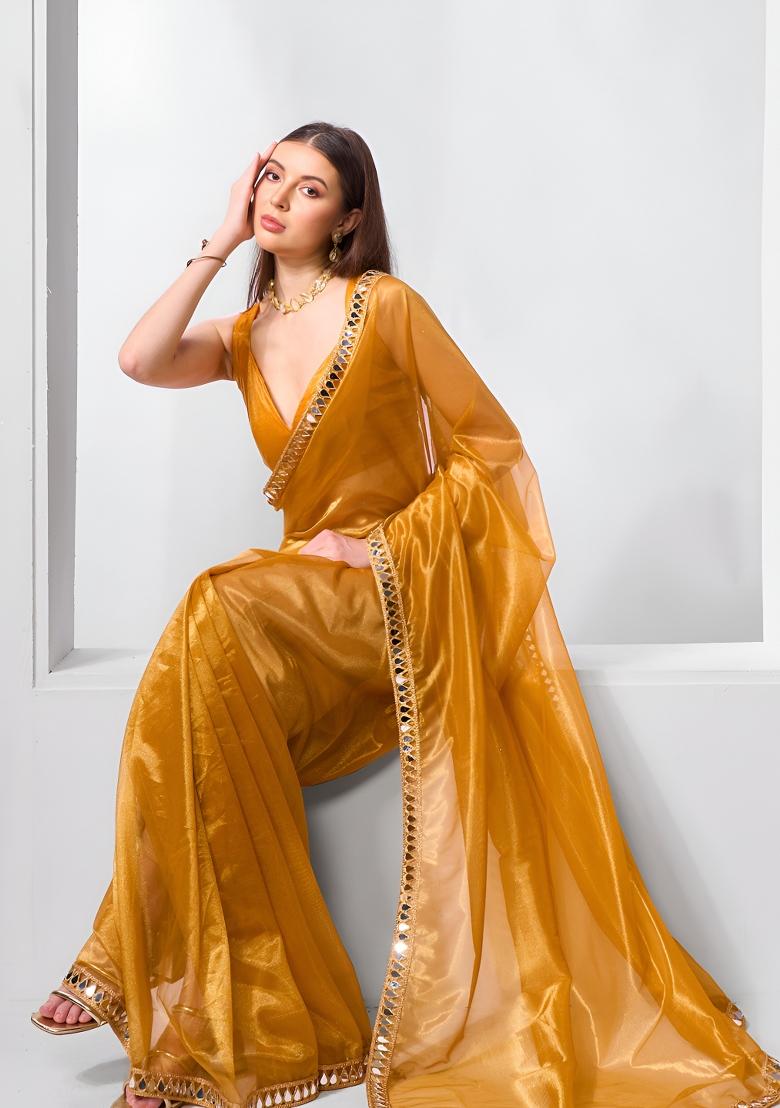 Mustard Mirror Work Net Saree Set - Indya