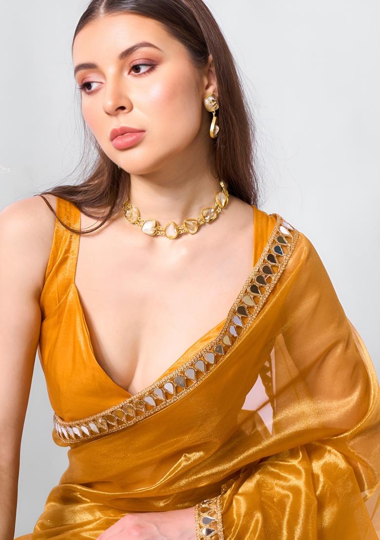 Mustard Mirror Work Net Saree Set - Indya
