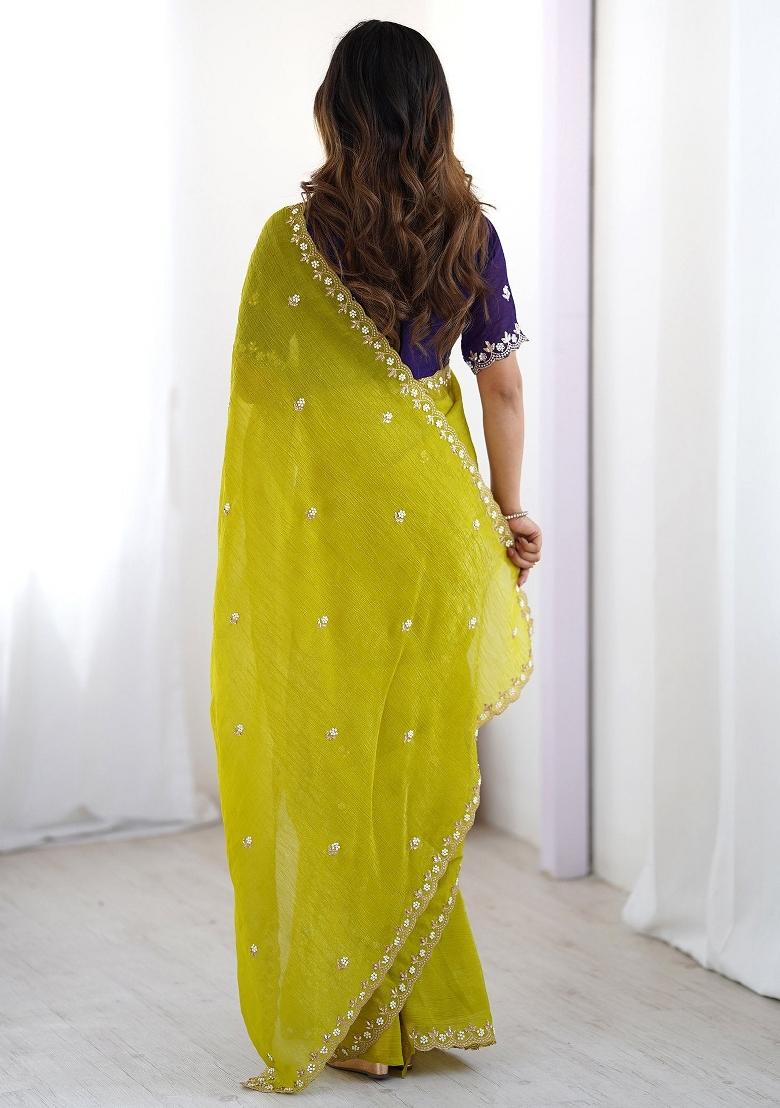 Lemon Embroidery Chinon Saree Set - Indya