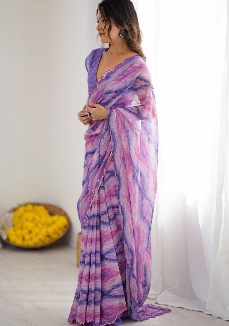 Purple Printed Georgette Saree Set - Indya