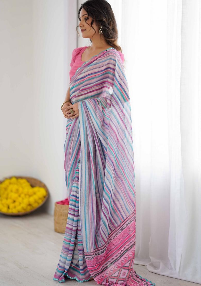 Multicolor Printed Georgette Saree Set - Indya