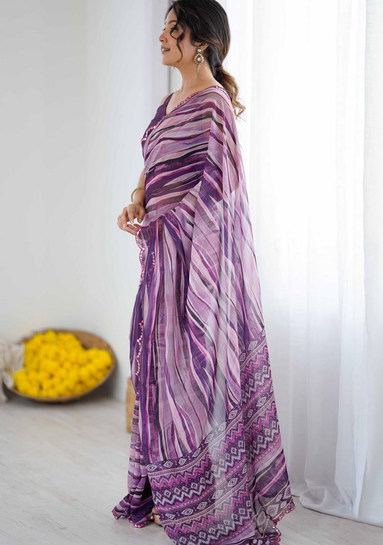 Violet Printed Georgette Saree Set - Indya