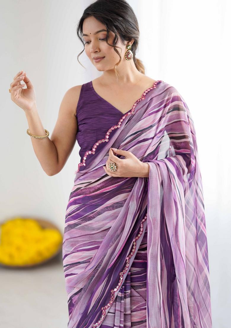 Violet Printed Georgette Saree Set - Indya