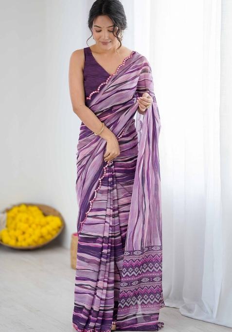 Violet Printed Georgette Saree Set — view on Indya