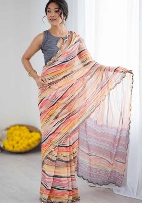 Peach Printed Georgette Saree Set