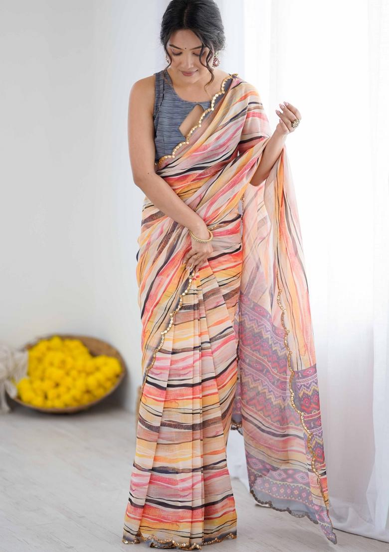 Peach Printed Georgette Saree Set - Indya