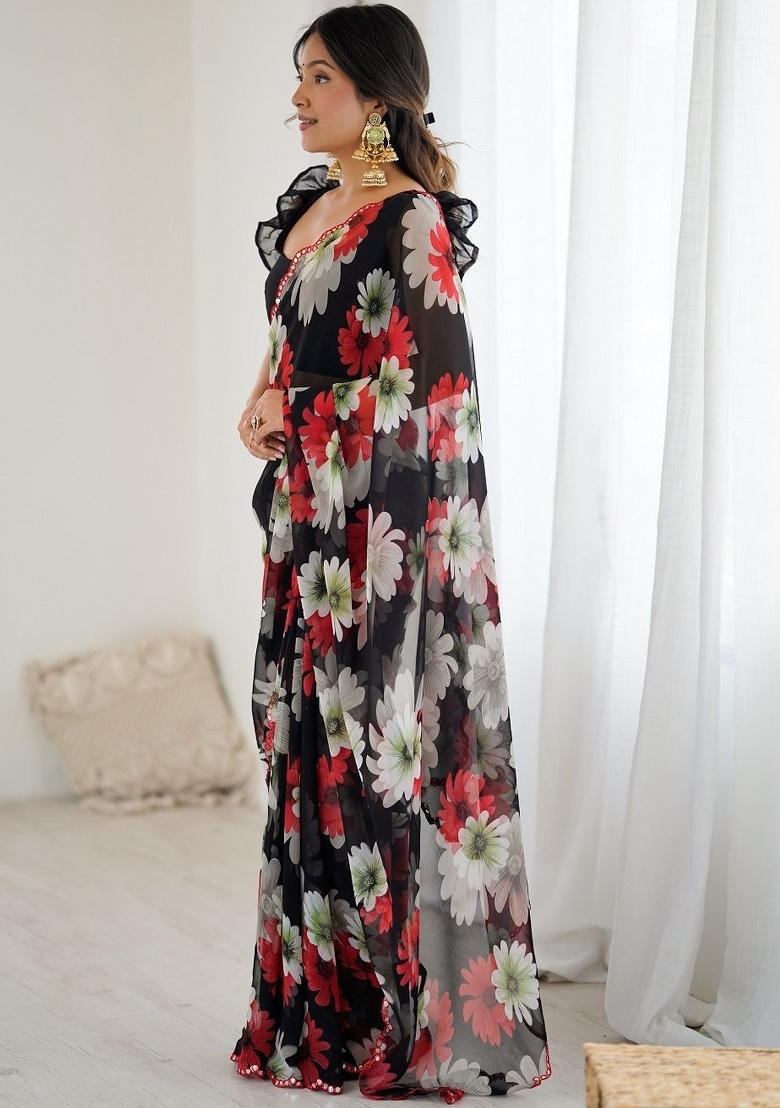 Black Printed Georgette Saree Set - Indya