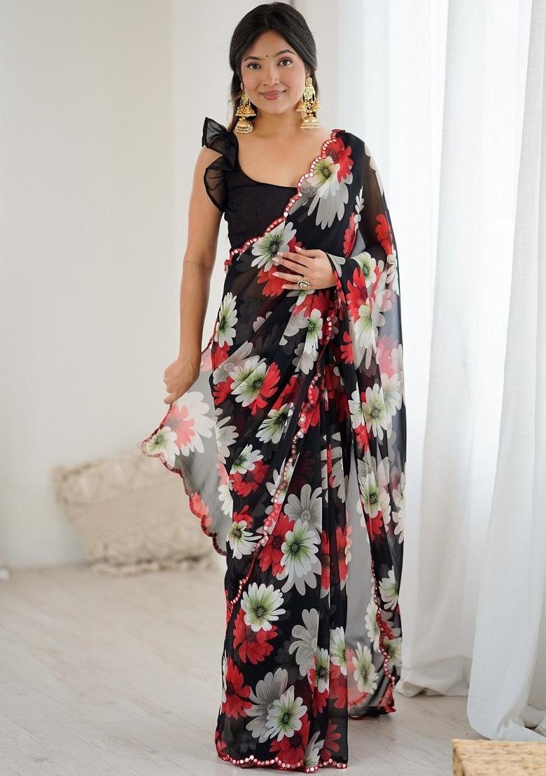 Black Printed Georgette Saree Set - Indya