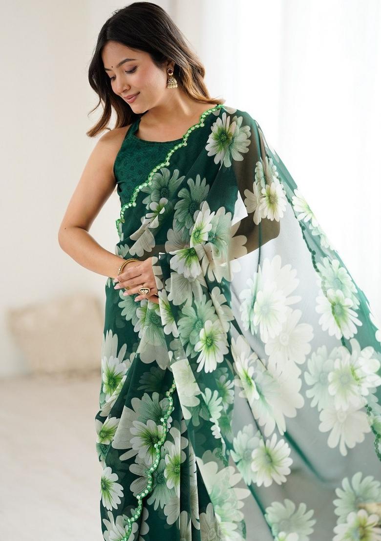 Green Printed Georgette Saree Set - Indya