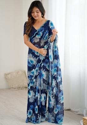 Blue Printed Georgette Saree Set