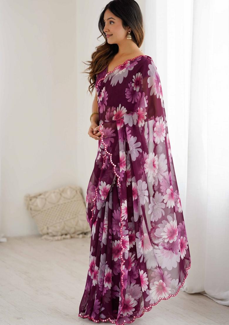 Wine Printed Georgette Saree Set - Indya