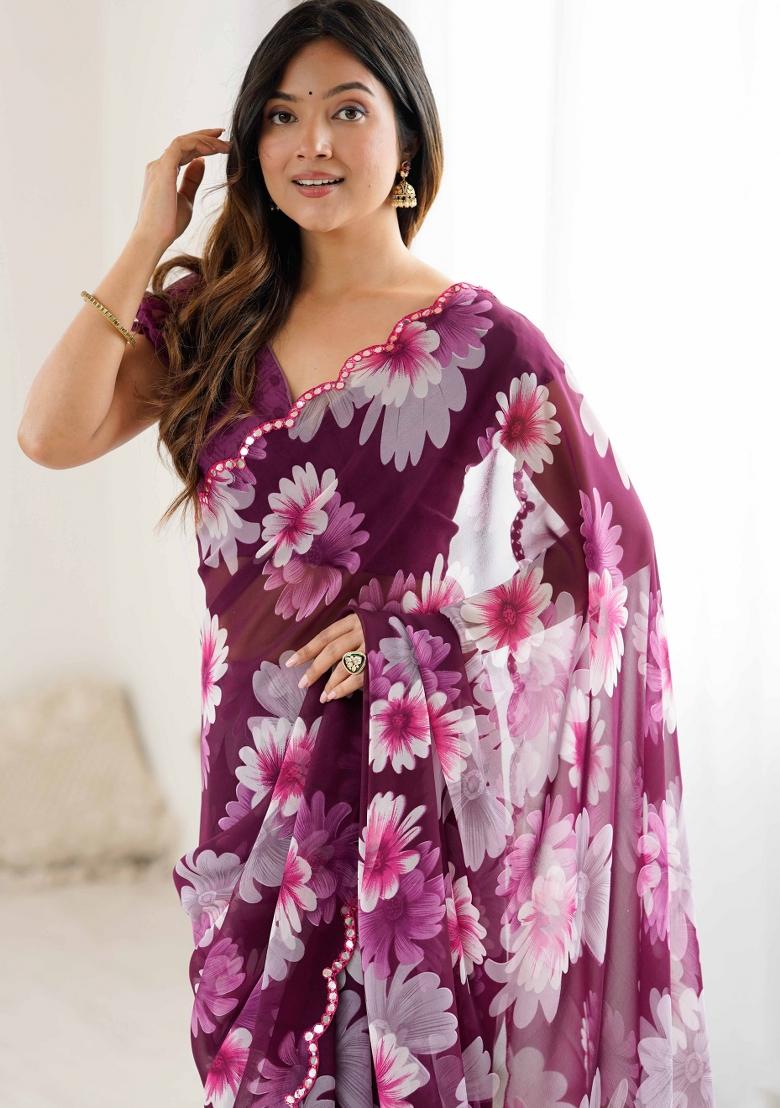 Wine Printed Georgette Saree Set - Indya