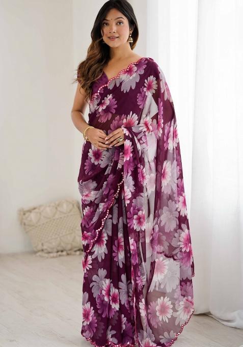 Wine Printed Georgette Saree Set
