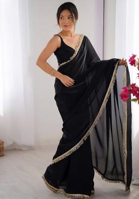 Black Lace Work Silk Saree Set