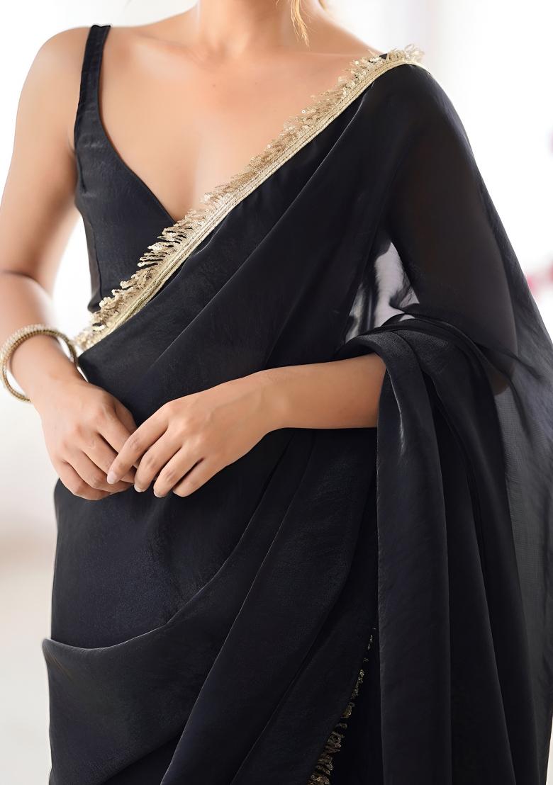 Black Lace Work Silk Saree Set - Indya