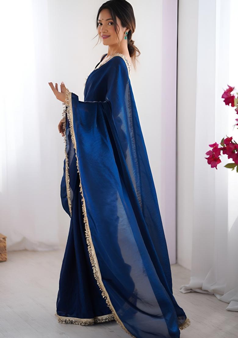 Blue Lace Work Silk Saree Set - Indya