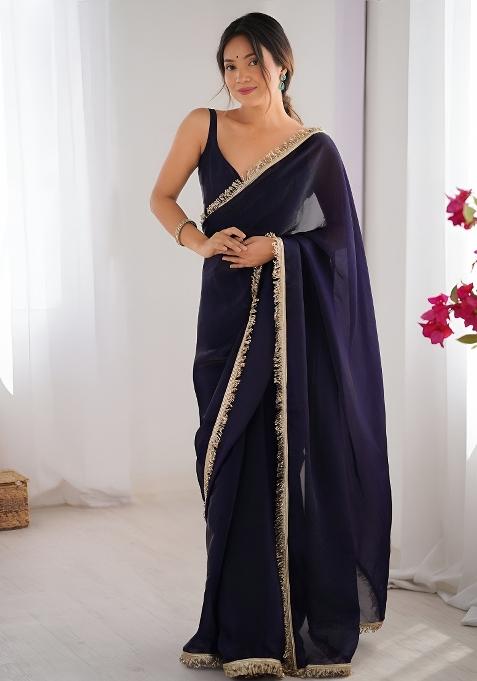 Purple Lace Work Silk Blend Saree Set