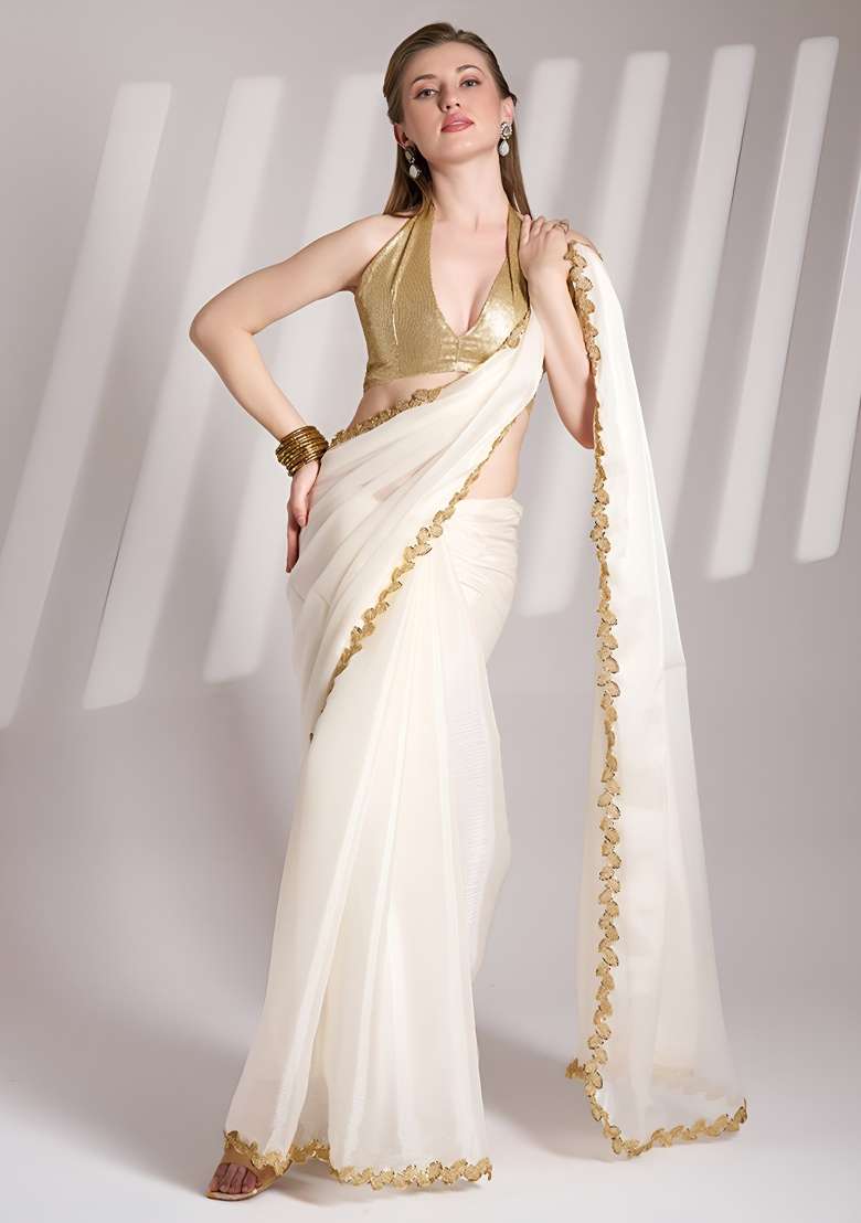 White Sequin Jimmy Choo Saree Set for Diwali and Festive Wear - Indya