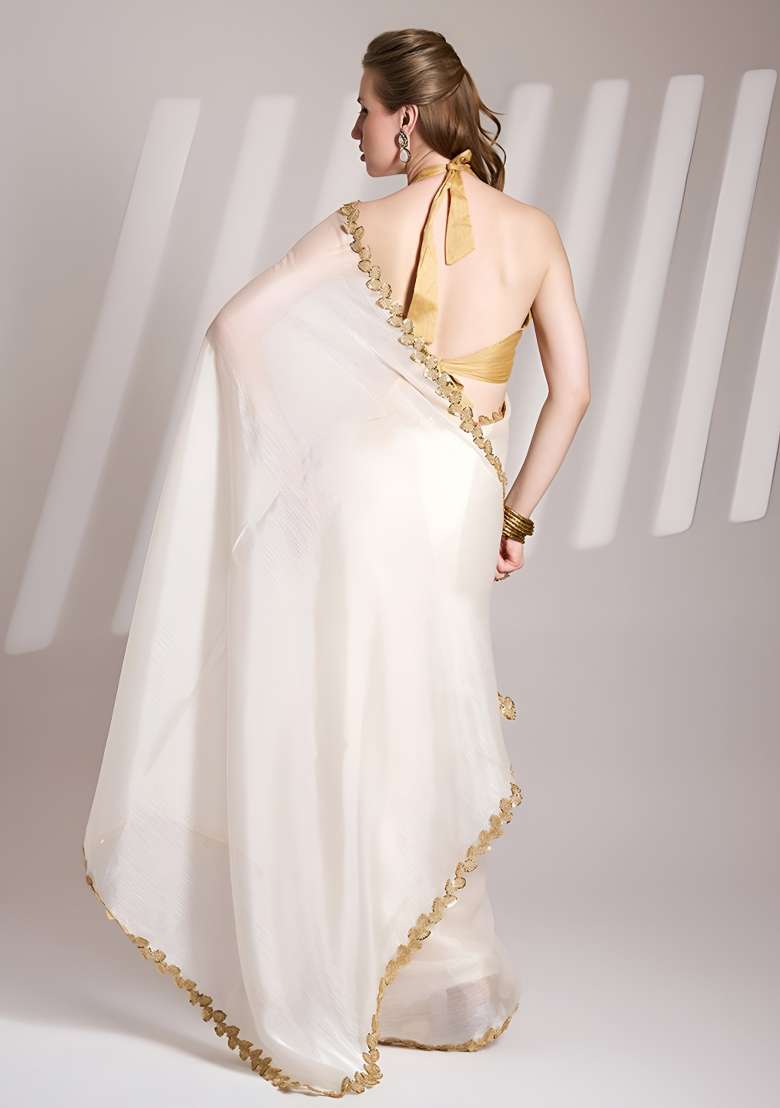 White Sequin Jimmy Choo Saree Set for Diwali and Festive Wear - Indya