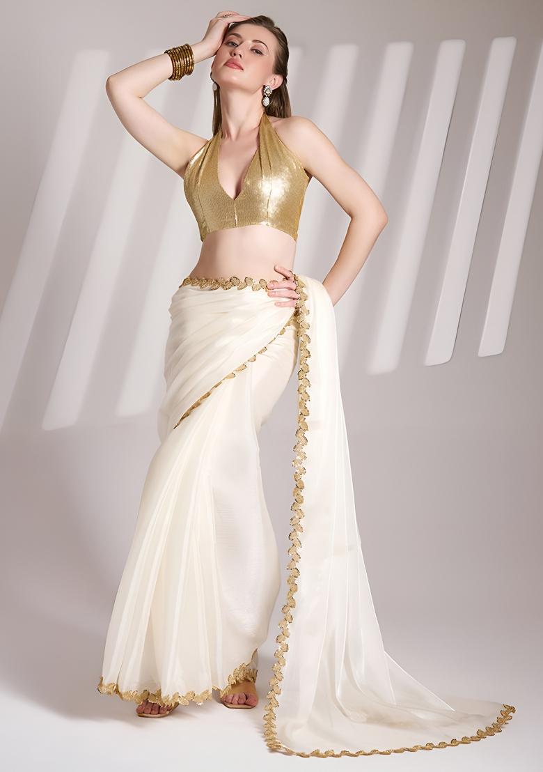 White Sequin Jimmy Choo Saree Set - Indya