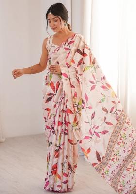 Off White Printed Chinon Saree Set