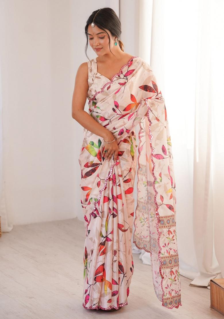 Off White Printed Chinon Saree Set - Indya