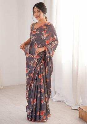 Grey Printed Chinon Saree Set