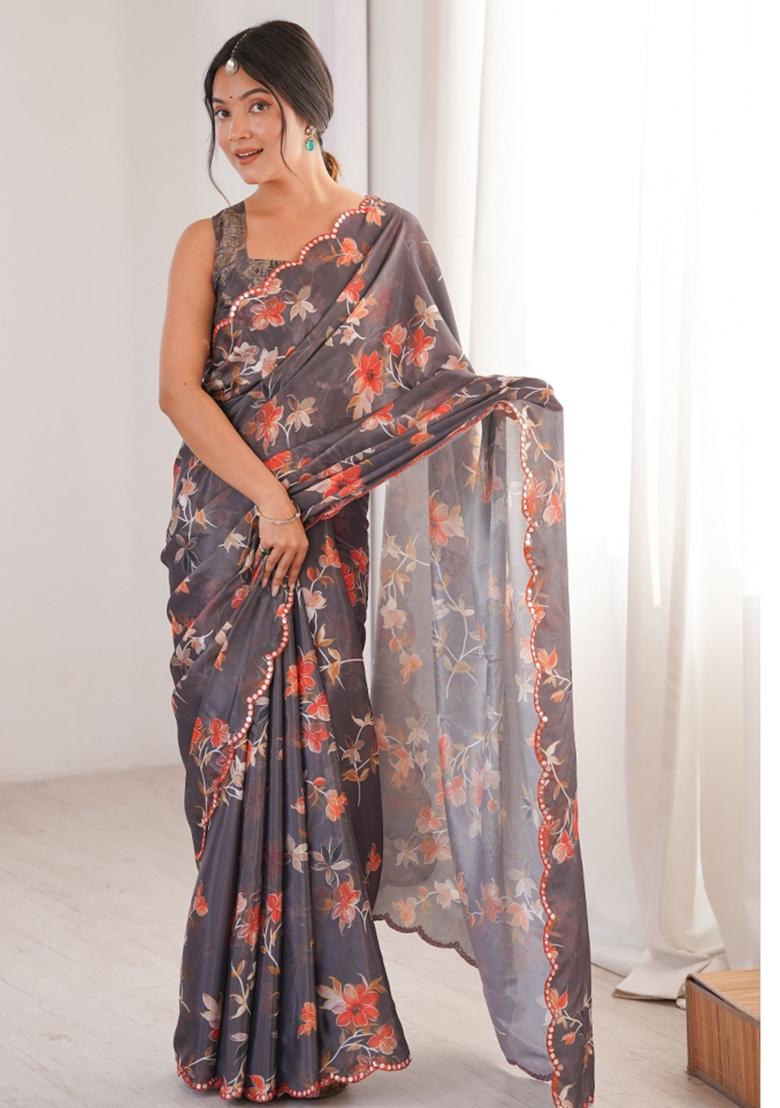 Grey Printed Chinon Saree Set - Indya