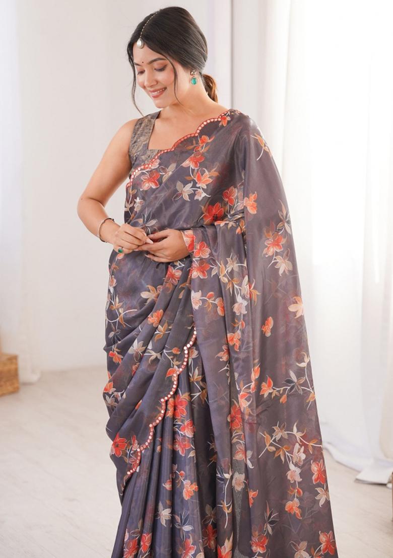 Grey Printed Chinon Saree Set - Indya