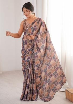 Multicolor Printed Chinon Saree Set