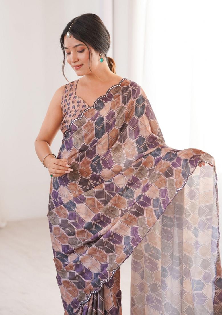 Multicolor Printed Chinon Saree Set - Indya