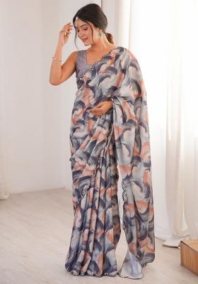 Grey Printed Chinon Saree Set