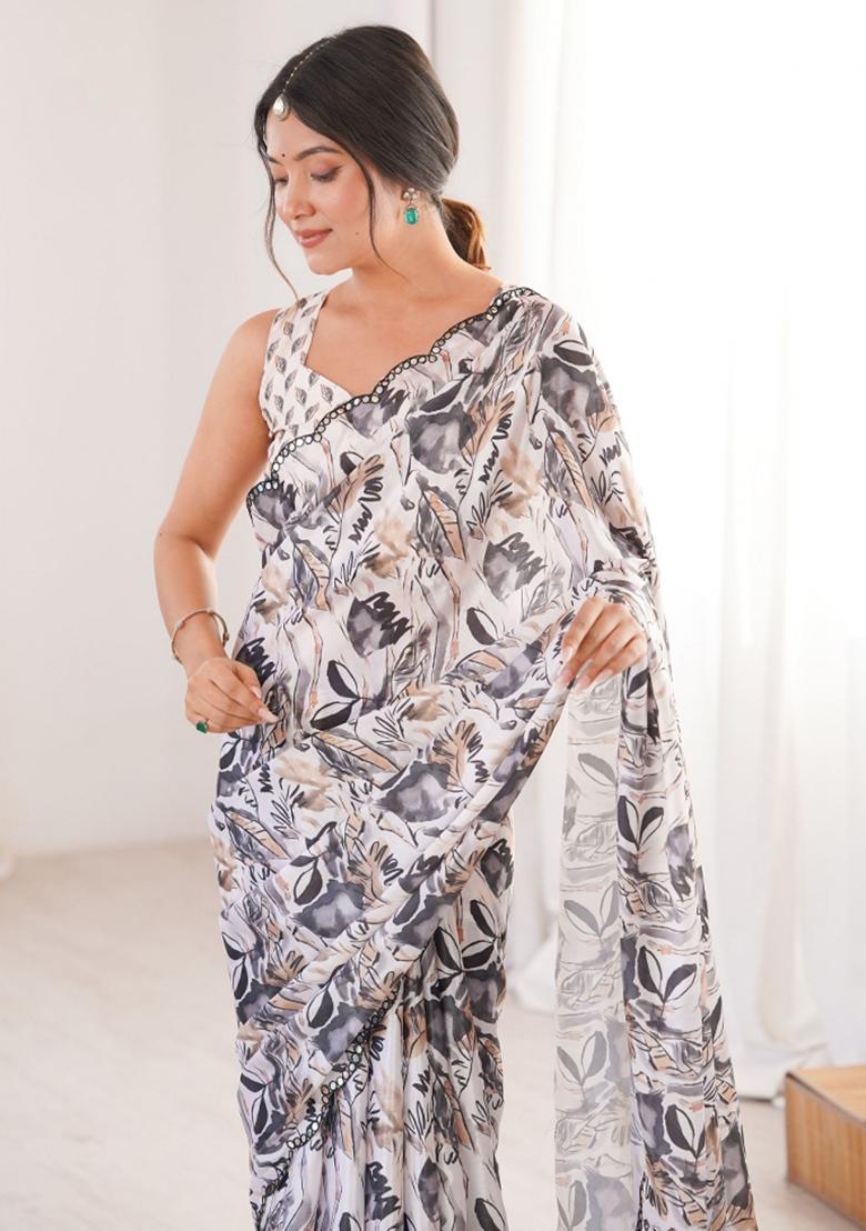 Off White Printed Chinon Saree Set - Indya