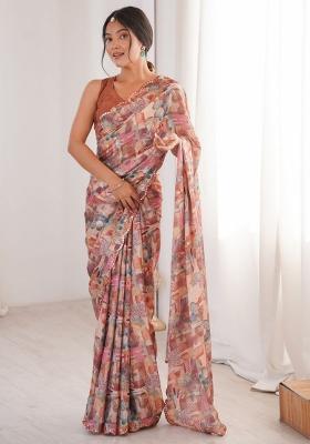Peach Printed Chinon Saree Set