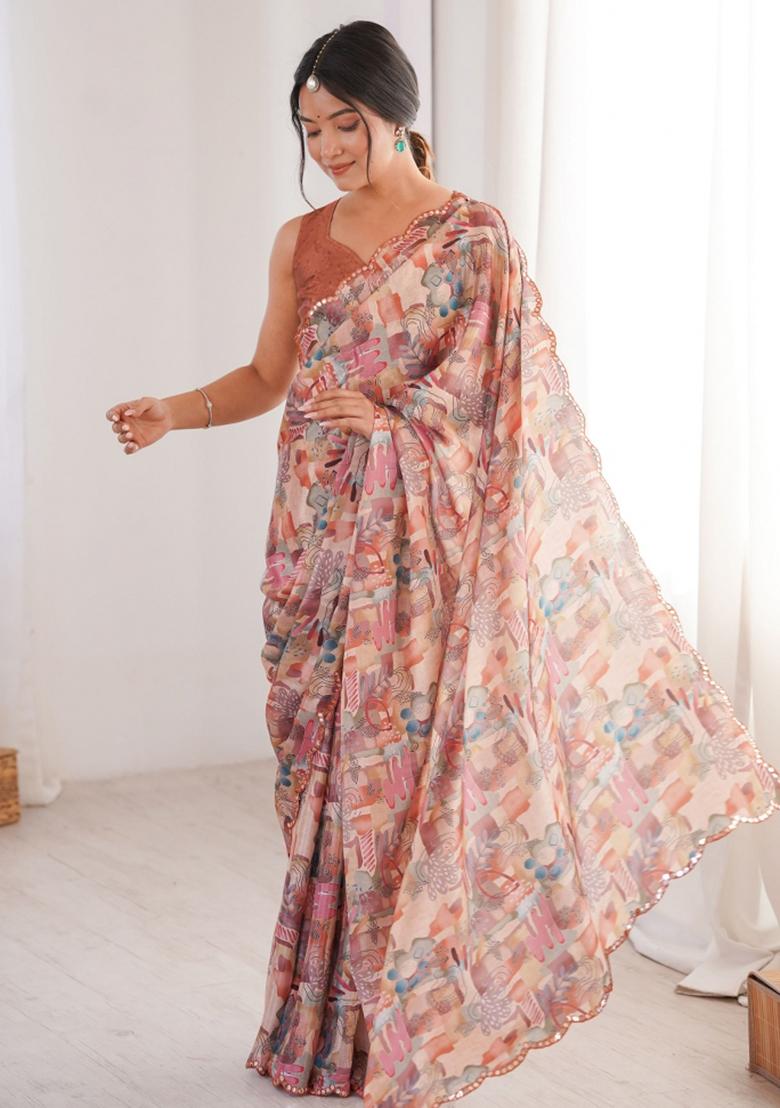 Peach Printed Chinon Saree Set - Indya