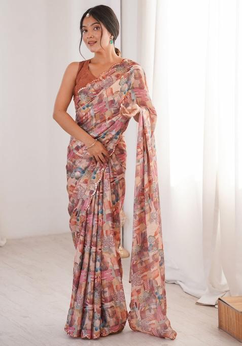 Peach Printed Chinon Saree Set
