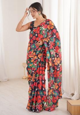 Multicolor Printed Chinon Saree Set